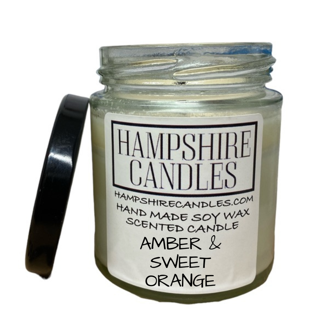 amber and sweet orange soy wax scented candle handmade by hampshire candles