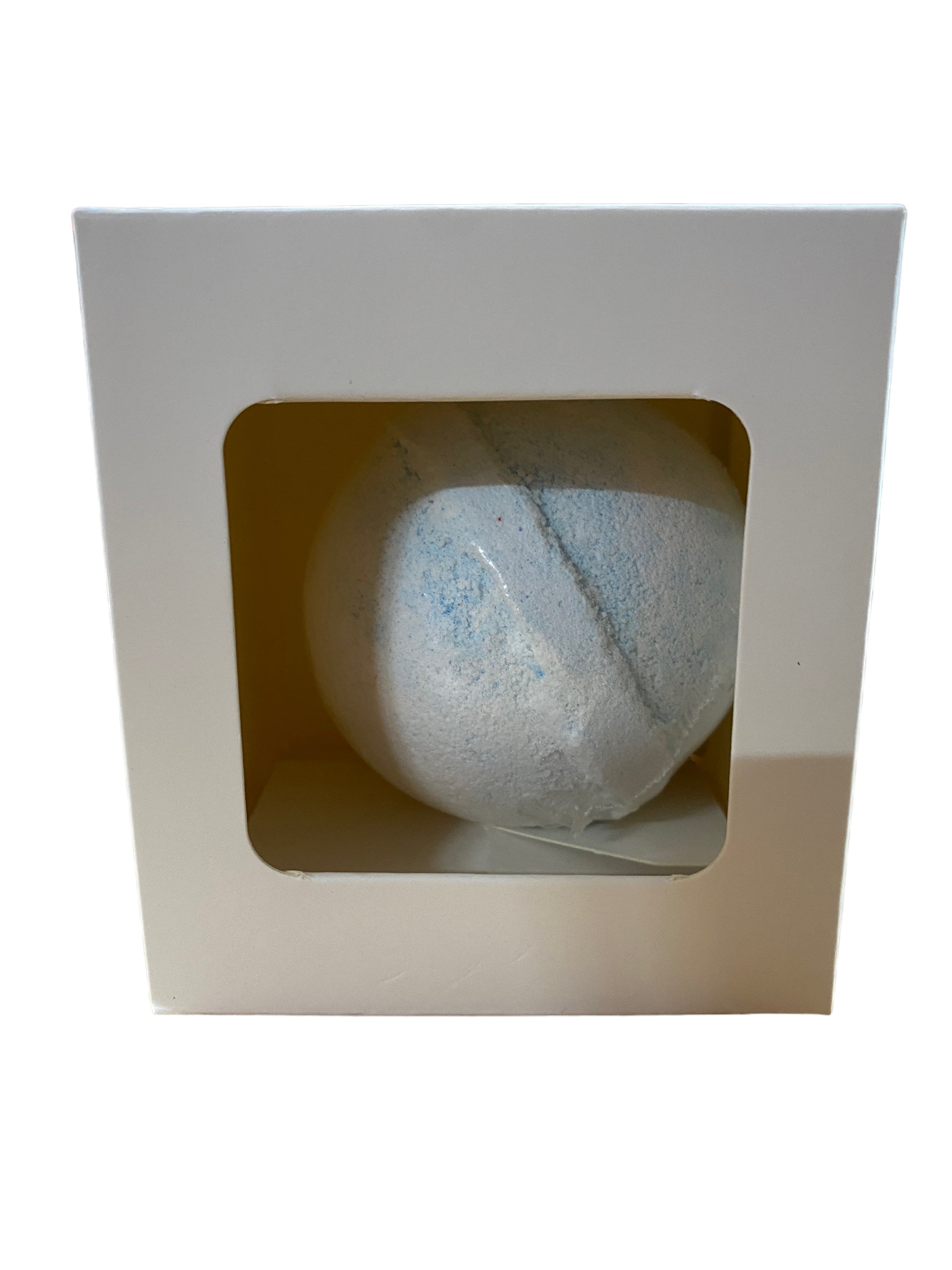 Jumbo blue and pink baby powder scented bath bomb presented in an elegant gift box, perfect for a relaxing and aromatic bath experience. Ideal for baby shower gifts and pampering sessions