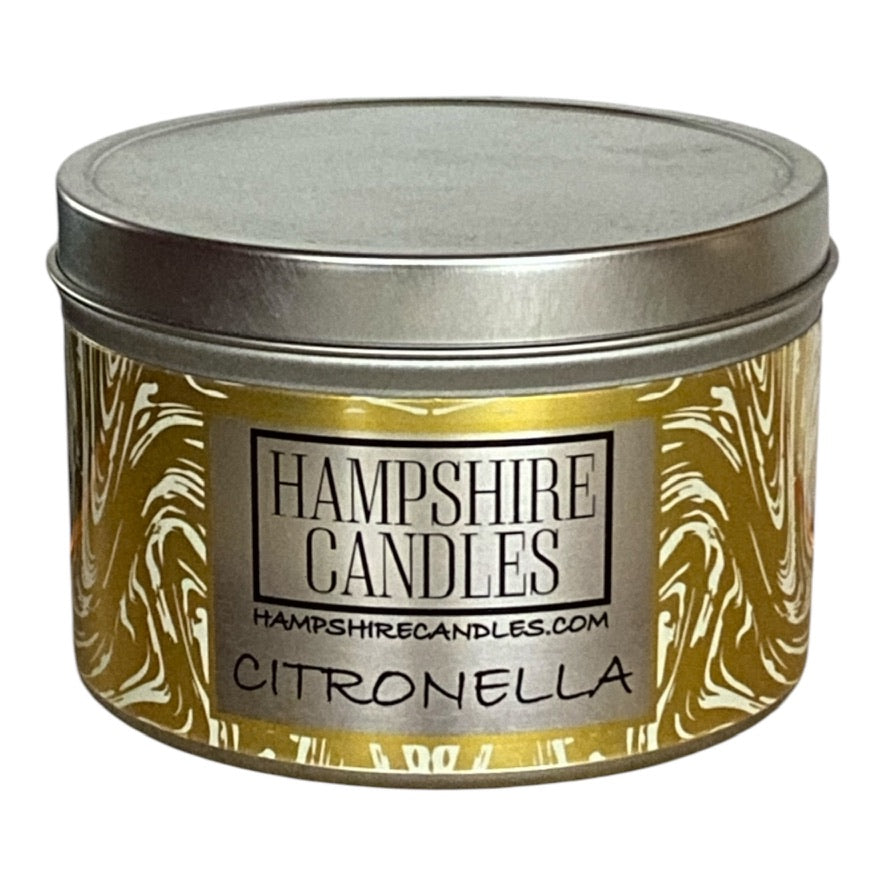 "Citronella scented tin candle with natural soy wax in a stylish silver tin."