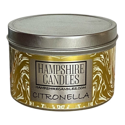 "Citronella scented tin candle with natural soy wax in a stylish silver tin."