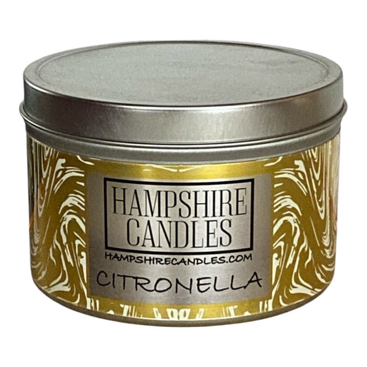 "Citronella scented tin candle with natural soy wax in a stylish silver tin."